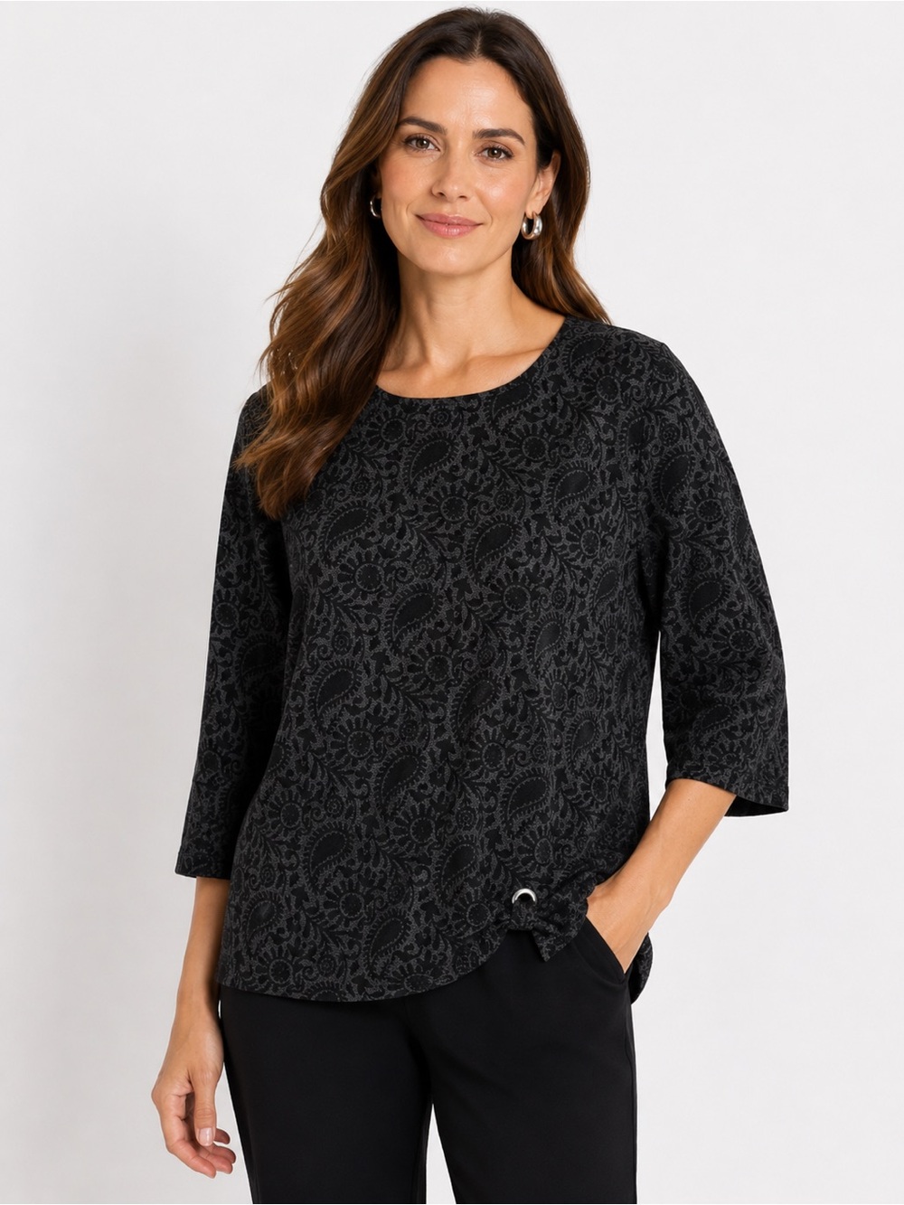 Chico's Size 3 Black Paisley Print Grommet Tie Boxy 3/4 Sleeve‎ Blouse Chicos XL